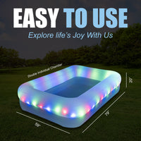 Prelit LED Inflatable Rectangular Swimming Pool 79″ x 59″ x 20″ – Durable Nighttime Glow w/ 3 Light Modes, Quick Setup, Family Fun Ages 6+